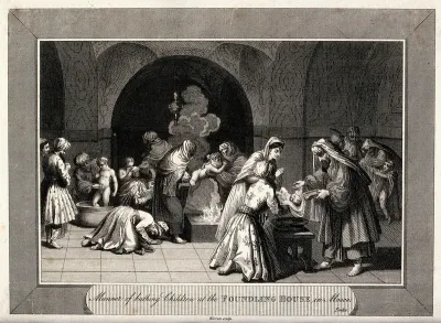 Children being bathed at a bath-house in a foundling hospital in Moscow