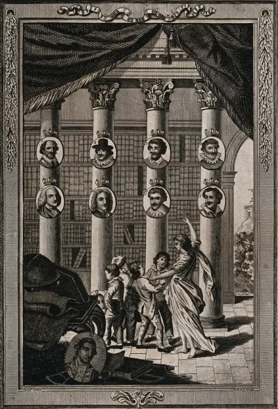 Children being instructed in the exploits of famous explorers such as Columbus and Cook, whose portraits are shown in roundels