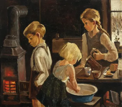 Children in a kitchen.