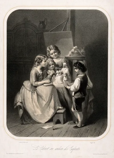 Children in devout contemplation of a sculpture of Christ surrounded by children