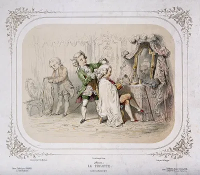 Children playing at being adults; a boy sits at his dressing table having his hair dressed by a boy pretending to be a hair-dresser; another boy in the background folds clothes