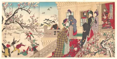 Children Playing in the Snow under Plum Trees in Bloom (Secchū baisō gunji yūgi zu)
