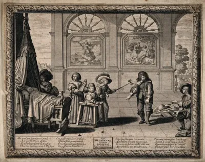 Children playing with various toys, in the background are paintings of the Creation and the creation of Adam