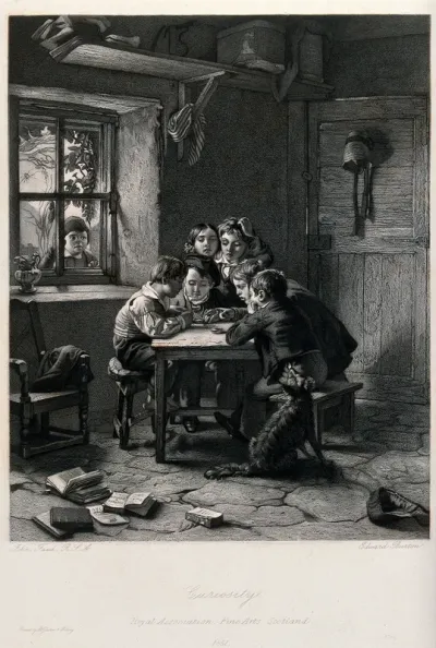 Children sitting around a table in a cottage examining something as another child peers through the window