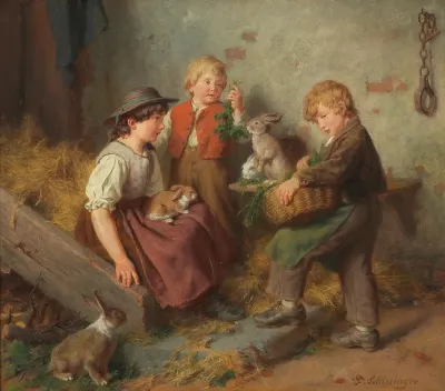 Children with the rabbits in the stable