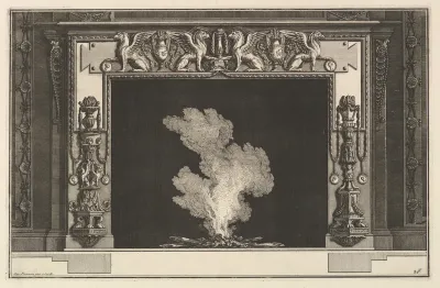 Chimneypiece: Affronted griffons on the lintel and candelabra on the jambs (Ch. accompagnée de son plan et décorée d'une frise de griffons), from Diverse Maniere d'adornare i cammini ed ogni altra parte degli edifizi...(Different Ways of ornamenting 