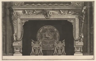 Chimneypiece: Architrave decorated with a Greek key motif and a circular fireback with figures of the zodiac (Ch. décorée d'une grecque), from Diverse Maniere d'adornare i cammini ed ogni altra parte degli edifizi...(Different Ways of ornamenting chi