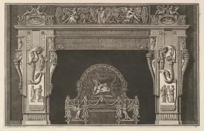 Chimneypiece: Frieze of trophies and winged Victories on the lintel, with cornucopias to either side of the jambs decorated with varied reliefs (Ch. décorée d'une grecque), from Diverse Maniere d'adornare i cammini ed ogni altra parte degli edifizi..