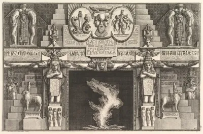Chimneypiece in the Egyptian style: Groups of three female nudes at the base of each jamb, surmounted by larger kneeling figures), from Diverse Maniere d'adornare i cammini ed ogni altra parte degli edifizi...(Different Ways of ornamenting chimneypie