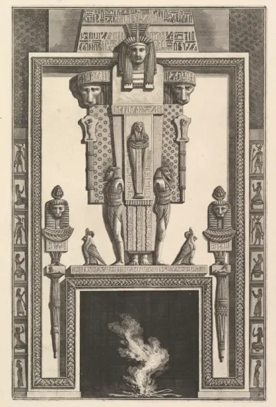Chimneypiece in the Egyptian style: Mummy superimposed on a large caryatid above the lintel (Ch. à l'égyptiennne surmontée d'une grande cariatide contre laquelle s'applique une momie), from Diverse Maniere d'adornare i cammini ed ogni altra parte deg