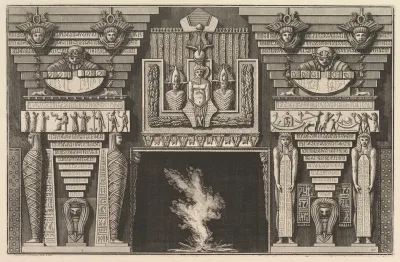 Chimneypiece in the Egyptian style: Two mummies in profile on the left and two figures brearing obelisks on the right (Ch. à l'ègyptienne), from Diverse Maniere d'adornare i cammini ed ogni altra parte degli edifizi...(Different Ways of ornamenting c