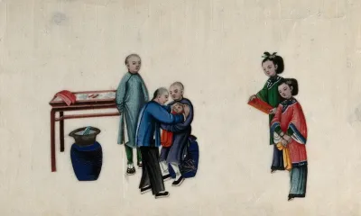 Chinese birth customs: a baby's head is shaved as part of the one month celebration; right, relatives bring a gift of money in a red envelope