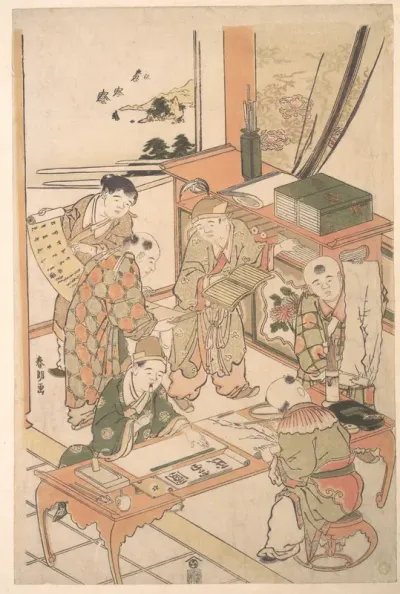 Chinese Boys Learning to Write and Paint
