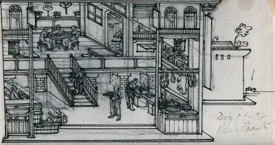 Chinese dog and cat restaurant: diners are shown eating at a table on the first floor, while food is seen being prepared in the kitchen below