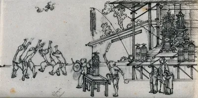 Chinese festival of Tu-Ti (the Earth God): a group of men are shown playing a game beside a shrine, accompanied by three others playing drums, watched by a woman and two children