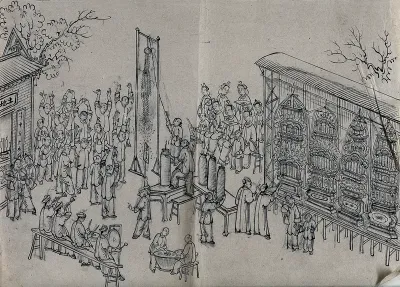 Chinese festival of Tu-Ti (the Earth God): men and women are shown celebrating beside a shrine, accompanied by a group of musicians