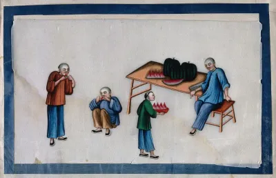Chinese figures eating watermelons