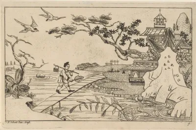 Chinese figuur op brug over rivier