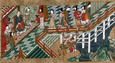 Chinese maidens bring delicacies to a seated noble