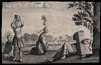 Chinese men seeking alms by threatening to kill themselves by self-mutilation: (left to right) a man hitting his head with a rock; a man with burning herbs on his head; a man with his head stuck in a block