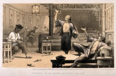 Chinese opium smokers in a saloon experiencing various effects of the drug
