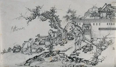 Chinese potters cutting plastic clays: two potters are shown working outdoors, while another brings them tea on a tray