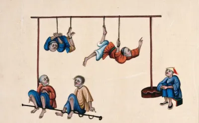 Chinese prisoners being subjected to torture: two men are shown bound and suspended from a horizontal pole, watched by their torturer, while two others await a similar fate below