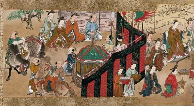 Chinese seated figures wait outside a royal tent