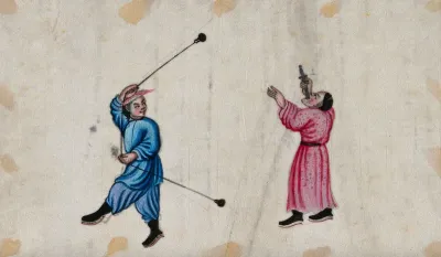 Chinese sword-swallower and entertainer swinging a rope with cast metal weights attached to it