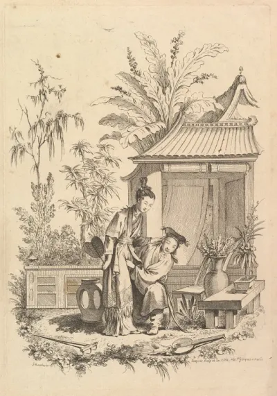 Chinoiserie scene with figures in a landscape