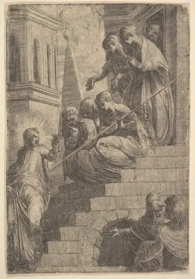 Christ addressing a group of women seated and standing on steps