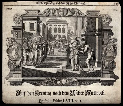 Christ and the apostles walk towards a man who is quietly giving alms to a beggar