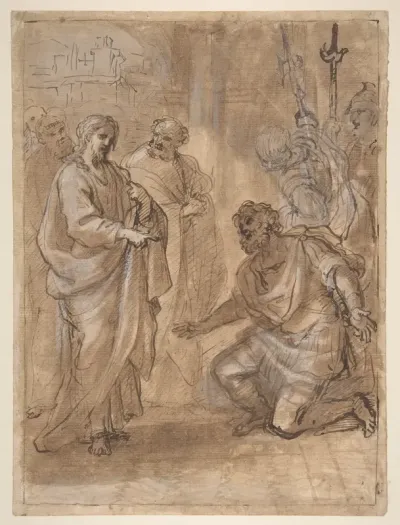 Christ and the Centurion (recto); Figure Waving to Departing Ship (verso)