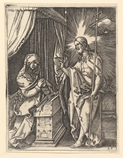 Christ appearing to Mary who is kneeling in prayer, from "The Passion of Christ", after Dürer