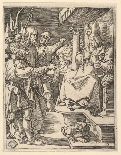 Christ before Caiaphas: soldiers present Christ to seated hight priest who tears his garments, from "The Passion of Christ", after Dürer
