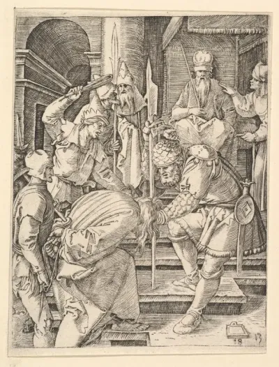 Christ captured and being dragged by hair up steps before the throne of the high priest Annas, from "The Passion of Christ", after Dürer