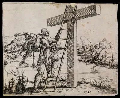 Christ carries the bodily remains of the dead up a ladder to his position on the cross