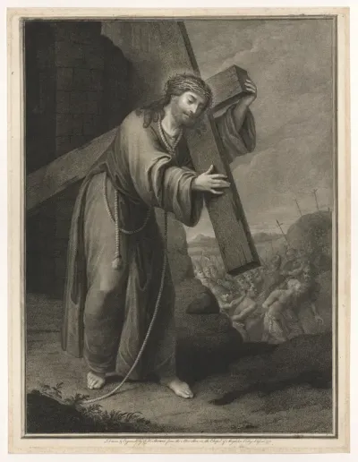 Christ carrying the cross, at right the two thieves on the road to Calvary, two crosses in the background, after Reni (?)