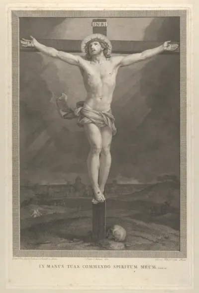 Christ crucified on the cross, a skull at the base, buildings in the background, after Reni