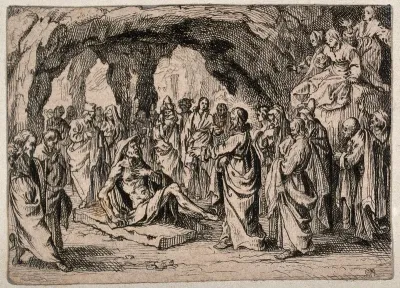 Christ cures the paralytic, who rises from his pallet