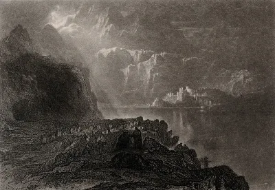 Christ feeds the five thousand in a sublime landscape
