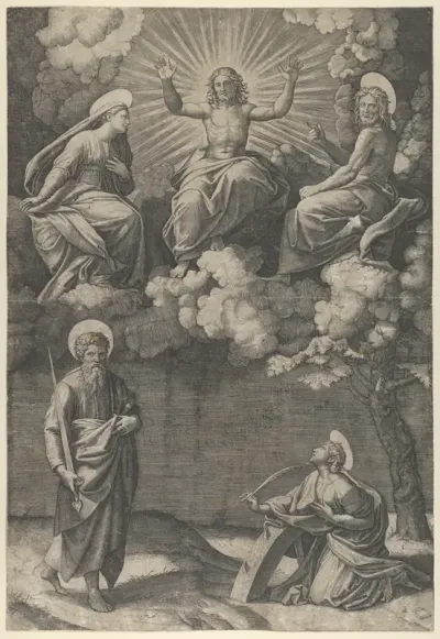 Christ flanked by the Virgin and St. John in the upper section, St. Paul and St. Catherine below
