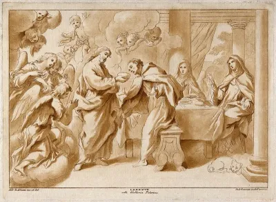 Christ gives Saint Peter of Alcántara a bowl of food, and reaches for a bottle of water for him, seen in a vision by Saint Teresa of Avila