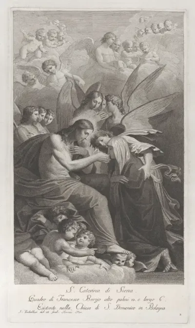 Christ giving the Sacred Host to the kneeling Saint Catherine of Siena, surrounded by various angels