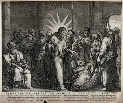 Christ healing a paralysed man lowered from the roof of a house in Capernaum