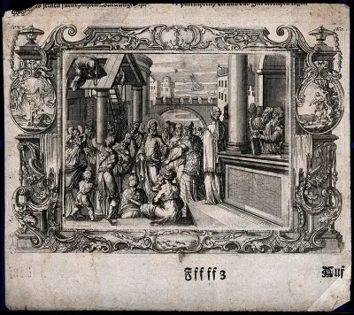 Christ healing the lame man who has been lowered through the roof