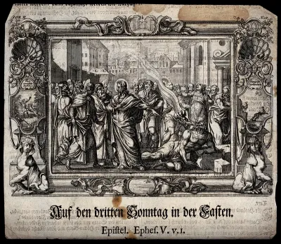 Christ heals a demoniac; a demon is expelled into the air