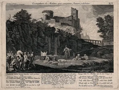 Christ heals the haemorrhaging woman; women wash their linen in a pond
