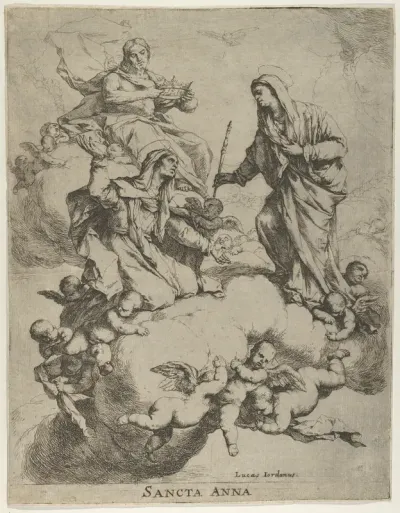 Christ holding a crown upper left, at right the Virgin receiving Saint Anne in Heaven