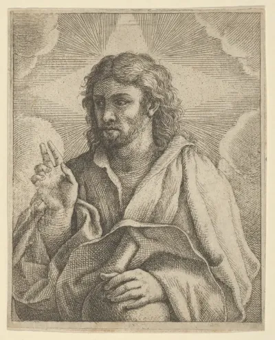 Christ holding a globe, looking to the left and making the sign of blessing with his right hand, clouds behind him, after Reni (?)